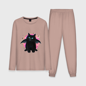 Мужская пижама с лонгсливом хлопок с принтом черный котенок летучая мышь хэллоуин ,  |  | 