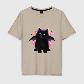 Мужская футболка хлопок Oversize с принтом черный котенок летучая мышь хэллоуин в Екатеринбурге, 100% хлопок | свободный крой, круглый ворот, “спинка” длиннее передней части | Тематика изображения на принте: 
