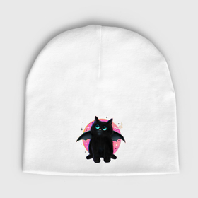 Мужская шапка демисезонная с принтом черный котенок летучая мышь хэллоуин в Курске,  |  | Тематика изображения на принте: 