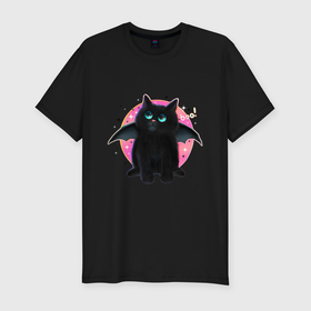 Мужская футболка хлопок Slim с принтом черный котенок летучая мышь хэллоуин в Петрозаводске, 92% хлопок, 8% лайкра | приталенный силуэт, круглый вырез ворота, длина до линии бедра, короткий рукав | 