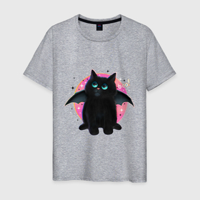 Мужская футболка хлопок с принтом черный котенок летучая мышь хэллоуин , 100% хлопок | прямой крой, круглый вырез горловины, длина до линии бедер, слегка спущенное плечо. | 
