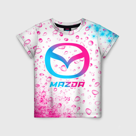 Детская футболка 3D с принтом Mazda neon gradient style в Кировске, 100% гипоаллергенный полиэфир | прямой крой, круглый вырез горловины, длина до линии бедер, чуть спущенное плечо, ткань немного тянется | Тематика изображения на принте: 