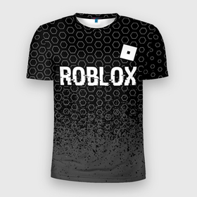 Мужская футболка 3D Slim с принтом Roblox glitch на темном фоне: символ сверху в Курске, 100% полиэстер с улучшенными характеристиками | приталенный силуэт, круглая горловина, широкие плечи, сужается к линии бедра | 
