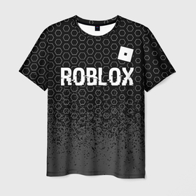 Мужская футболка 3D с принтом Roblox glitch на темном фоне: символ сверху в Новосибирске, 100% полиэфир | прямой крой, круглый вырез горловины, длина до линии бедер | 