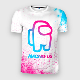 Мужская футболка 3D Slim с принтом Among Us neon gradient style в Новосибирске, 100% полиэстер с улучшенными характеристиками | приталенный силуэт, круглая горловина, широкие плечи, сужается к линии бедра | Тематика изображения на принте: 