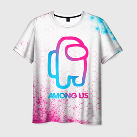 Мужская футболка 3D с принтом Among Us neon gradient style в Санкт-Петербурге, 100% полиэфир | прямой крой, круглый вырез горловины, длина до линии бедер | 