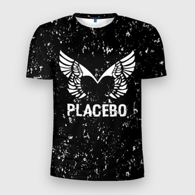 Мужская футболка 3D Slim с принтом Placebo glitch на темном фоне в Белгороде, 100% полиэстер с улучшенными характеристиками | приталенный силуэт, круглая горловина, широкие плечи, сужается к линии бедра | 