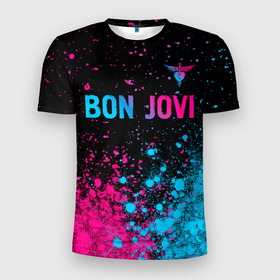 Мужская футболка 3D Slim с принтом Bon Jovi   neon gradient: символ сверху в Новосибирске, 100% полиэстер с улучшенными характеристиками | приталенный силуэт, круглая горловина, широкие плечи, сужается к линии бедра | Тематика изображения на принте: 