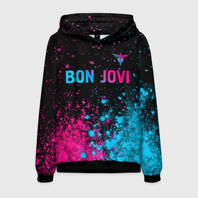 Мужская толстовка 3D с принтом Bon Jovi   neon gradient: символ сверху в Новосибирске, 100% полиэстер | двухслойный капюшон со шнурком для регулировки, мягкие манжеты на рукавах и по низу толстовки, спереди карман-кенгуру с мягким внутренним слоем. | 