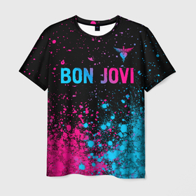 Мужская футболка 3D с принтом Bon Jovi   neon gradient: символ сверху в Новосибирске, 100% полиэфир | прямой крой, круглый вырез горловины, длина до линии бедер | Тематика изображения на принте: 