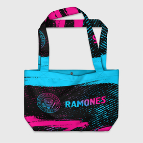 Пляжная сумка 3D с принтом Ramones   neon gradient: надпись и символ в Белгороде, 100% полиэстер | застегивается на металлическую кнопку; внутренний карман застегивается на молнию. Стенки укреплены специальным мягким материалом, чтобы защитить содержимое от несильных ударов
 | 
