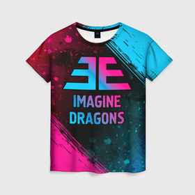 Женская футболка 3D с принтом Imagine Dragons   neon gradient в Курске, 100% полиэфир ( синтетическое хлопкоподобное полотно) | прямой крой, круглый вырез горловины, длина до линии бедер | 