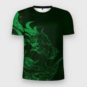 Мужская футболка 3D Slim с принтом Кислотный зеленый дракон в Белгороде, 100% полиэстер с улучшенными характеристиками | приталенный силуэт, круглая горловина, широкие плечи, сужается к линии бедра | 