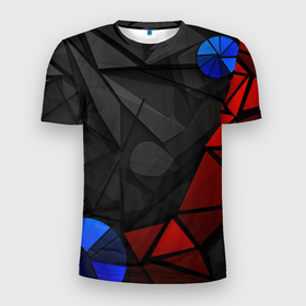 Мужская футболка 3D Slim с принтом Black blue red elements в Белгороде, 100% полиэстер с улучшенными характеристиками | приталенный силуэт, круглая горловина, широкие плечи, сужается к линии бедра | Тематика изображения на принте: 