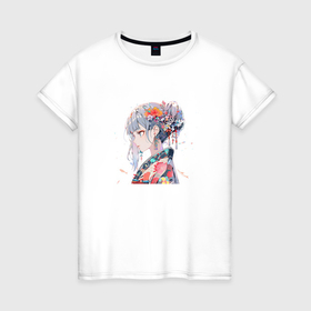Женская футболка хлопок с принтом Аниме девушка с цветами в волосах в Тюмени, 100% хлопок | прямой крой, круглый вырез горловины, длина до линии бедер, слегка спущенное плечо | 