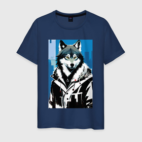 Мужская футболка хлопок с принтом Волк в мегаполисе   нейросеть в Санкт-Петербурге, 100% хлопок | прямой крой, круглый вырез горловины, длина до линии бедер, слегка спущенное плечо. | 