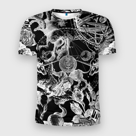 Мужская футболка 3D Slim с принтом Мифические божества и единороги в розах в Курске, 100% полиэстер с улучшенными характеристиками | приталенный силуэт, круглая горловина, широкие плечи, сужается к линии бедра | 