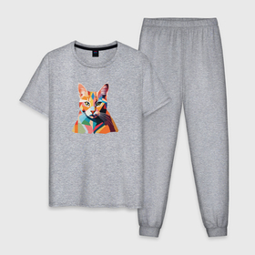 Мужская пижама хлопок с принтом Ретро геометрический портрет кота в Екатеринбурге, 100% хлопок | брюки и футболка прямого кроя, без карманов, на брюках мягкая резинка на поясе и по низу штанин
 | 