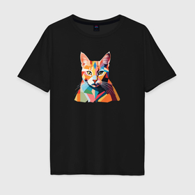 Мужская футболка хлопок Oversize с принтом Ретро геометрический портрет кота в Екатеринбурге, 100% хлопок | свободный крой, круглый ворот, “спинка” длиннее передней части | 