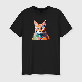 Мужская футболка хлопок Slim с принтом Ретро геометрический портрет кота в Екатеринбурге, 92% хлопок, 8% лайкра | приталенный силуэт, круглый вырез ворота, длина до линии бедра, короткий рукав | 