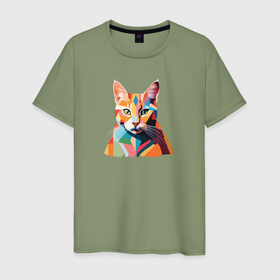 Мужская футболка хлопок с принтом Ретро геометрический портрет кота в Екатеринбурге, 100% хлопок | прямой крой, круглый вырез горловины, длина до линии бедер, слегка спущенное плечо. | 