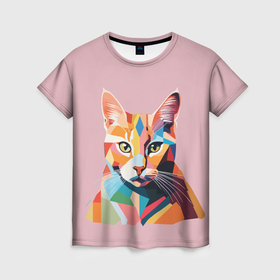 Женская футболка 3D с принтом Геометрический портрет кота в Екатеринбурге, 100% полиэфир ( синтетическое хлопкоподобное полотно) | прямой крой, круглый вырез горловины, длина до линии бедер | 