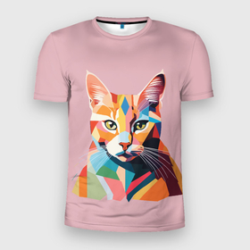 Мужская футболка 3D Slim с принтом Геометрический портрет кота в Кировске, 100% полиэстер с улучшенными характеристиками | приталенный силуэт, круглая горловина, широкие плечи, сужается к линии бедра | 