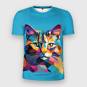 Мужская футболка 3D Slim с принтом Геометрический портрет кота ретро Wpap в Кировске, 100% полиэстер с улучшенными характеристиками | приталенный силуэт, круглая горловина, широкие плечи, сужается к линии бедра | 