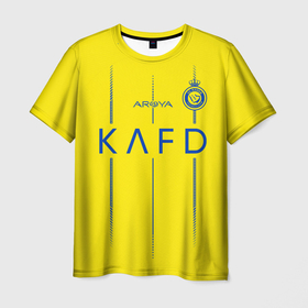 Мужская футболка 3D с принтом ФК Аль Наср форма 23 24 домашняя в Тюмени, 100% полиэфир | прямой крой, круглый вырез горловины, длина до линии бедер | 