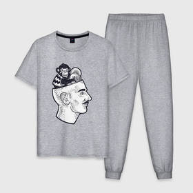 Мужская пижама хлопок с принтом Обезьянка в голове в Новосибирске, 100% хлопок | брюки и футболка прямого кроя, без карманов, на брюках мягкая резинка на поясе и по низу штанин
 | 