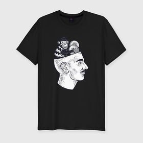 Мужская футболка хлопок Slim с принтом Обезьянка в голове в Белгороде, 92% хлопок, 8% лайкра | приталенный силуэт, круглый вырез ворота, длина до линии бедра, короткий рукав | 
