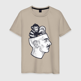 Мужская футболка хлопок с принтом Обезьянка в голове в Новосибирске, 100% хлопок | прямой крой, круглый вырез горловины, длина до линии бедер, слегка спущенное плечо. | 