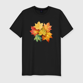 Мужская футболка хлопок Slim с принтом Осенние кленовые листья в Белгороде, 92% хлопок, 8% лайкра | приталенный силуэт, круглый вырез ворота, длина до линии бедра, короткий рукав | 