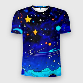 Мужская футболка 3D Slim с принтом Мультяшный космос темно синий в Санкт-Петербурге, 100% полиэстер с улучшенными характеристиками | приталенный силуэт, круглая горловина, широкие плечи, сужается к линии бедра | 