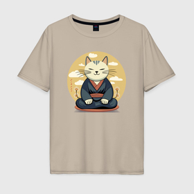 Мужская футболка хлопок Oversize с принтом Дзен кот в Санкт-Петербурге, 100% хлопок | свободный крой, круглый ворот, “спинка” длиннее передней части | 
