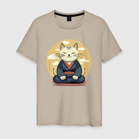 Мужская футболка хлопок с принтом Дзен кот в Санкт-Петербурге, 100% хлопок | прямой крой, круглый вырез горловины, длина до линии бедер, слегка спущенное плечо. | 
