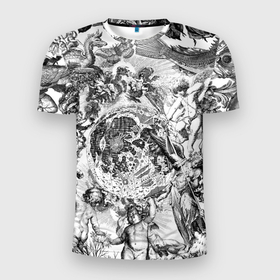 Мужская футболка 3D Slim с принтом Тату битвы ангелов и демонов в Кировске, 100% полиэстер с улучшенными характеристиками | приталенный силуэт, круглая горловина, широкие плечи, сужается к линии бедра | Тематика изображения на принте: 