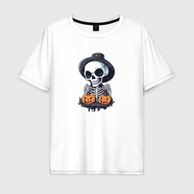 Мужская футболка хлопок Oversize с принтом Скелет на Хэллоуин в Курске, 100% хлопок | свободный крой, круглый ворот, “спинка” длиннее передней части | Тематика изображения на принте: 