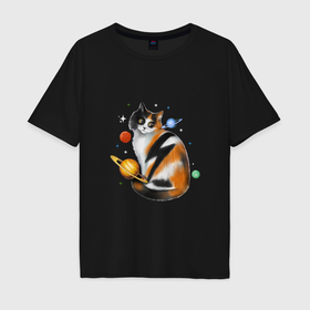 Мужская футболка хлопок Oversize с принтом космическая кошка с планетами и молнией в Новосибирске, 100% хлопок | свободный крой, круглый ворот, “спинка” длиннее передней части | 