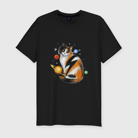 Мужская футболка хлопок Slim с принтом космическая кошка с планетами и молнией в Белгороде, 92% хлопок, 8% лайкра | приталенный силуэт, круглый вырез ворота, длина до линии бедра, короткий рукав | 