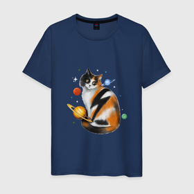 Мужская футболка хлопок с принтом космическая кошка с планетами и молнией в Белгороде, 100% хлопок | прямой крой, круглый вырез горловины, длина до линии бедер, слегка спущенное плечо. | 