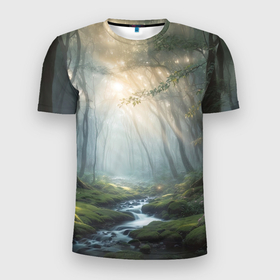 Мужская футболка 3D Slim с принтом Утро в летнем  лесу , 100% полиэстер с улучшенными характеристиками | приталенный силуэт, круглая горловина, широкие плечи, сужается к линии бедра | Тематика изображения на принте: 