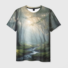 Мужская футболка 3D с принтом Утро в летнем  лесу , 100% полиэфир | прямой крой, круглый вырез горловины, длина до линии бедер | Тематика изображения на принте: 