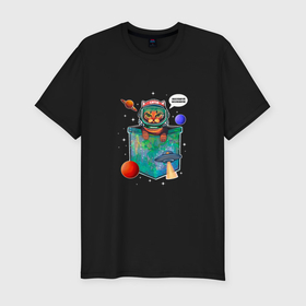 Мужская футболка хлопок Slim с принтом кот космонавт в кармане в Курске, 92% хлопок, 8% лайкра | приталенный силуэт, круглый вырез ворота, длина до линии бедра, короткий рукав | Тематика изображения на принте: 