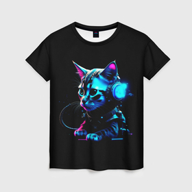 Женская футболка 3D с принтом Котёнок киберпанк , 100% полиэфир ( синтетическое хлопкоподобное полотно) | прямой крой, круглый вырез горловины, длина до линии бедер | Тематика изображения на принте: 