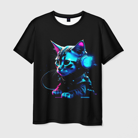 Мужская футболка 3D с принтом Котёнок киберпанк , 100% полиэфир | прямой крой, круглый вырез горловины, длина до линии бедер | 
