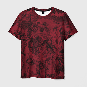 Мужская футболка 3D с принтом Битва ангелов и демонов на красном фоне в Кировске, 100% полиэфир | прямой крой, круглый вырез горловины, длина до линии бедер | 