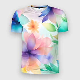 Мужская футболка 3D Slim с принтом Акварельные цветы   нейросеть в Петрозаводске, 100% полиэстер с улучшенными характеристиками | приталенный силуэт, круглая горловина, широкие плечи, сужается к линии бедра | Тематика изображения на принте: 