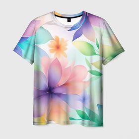 Мужская футболка 3D с принтом Акварельные цветы   нейросеть , 100% полиэфир | прямой крой, круглый вырез горловины, длина до линии бедер | 