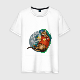 Мужская футболка хлопок с принтом бенгальский кот киноман с попкорном в Кировске, 100% хлопок | прямой крой, круглый вырез горловины, длина до линии бедер, слегка спущенное плечо. | 